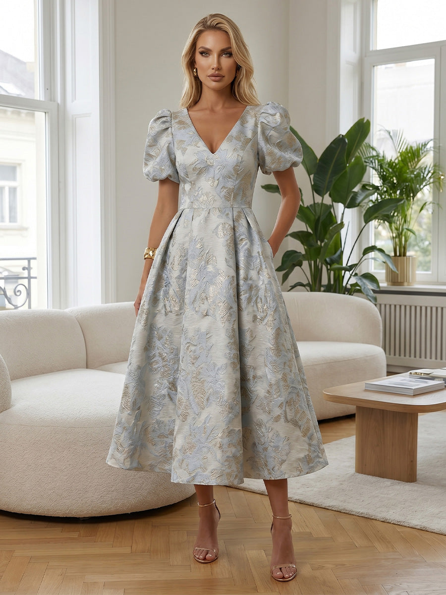 A-Line V-Neck Jacquard Midi Dress with Pockets