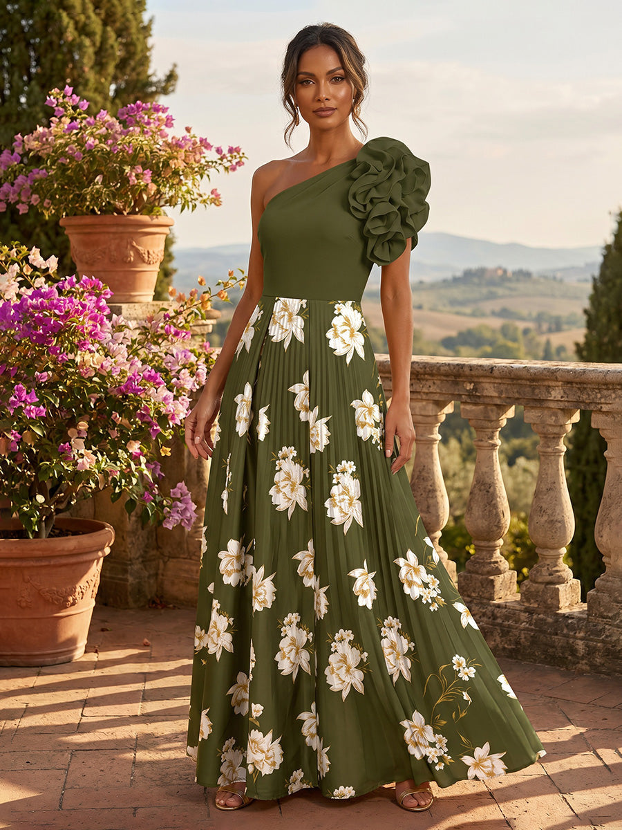 One-Shoulder Ruffle Floral Pleated Maxi Dress