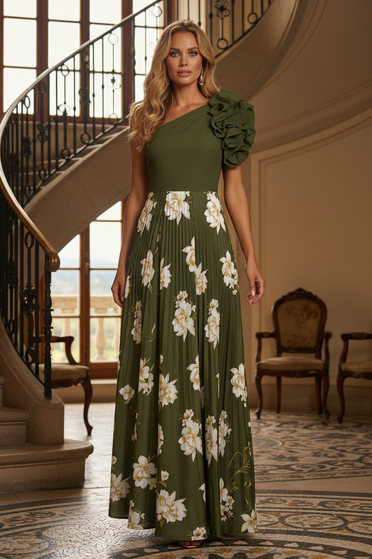 One-Shoulder Ruffle Floral Pleated Maxi Dress