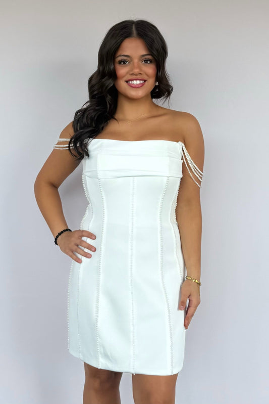 Off-the-Shoulder Pearl Embellished Mini Dress