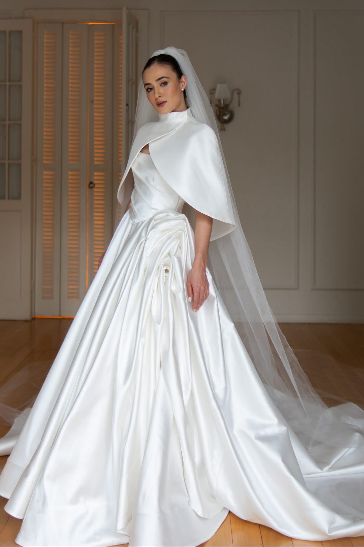 Pleated Satin Ball Gown Wedding Dress with Cape