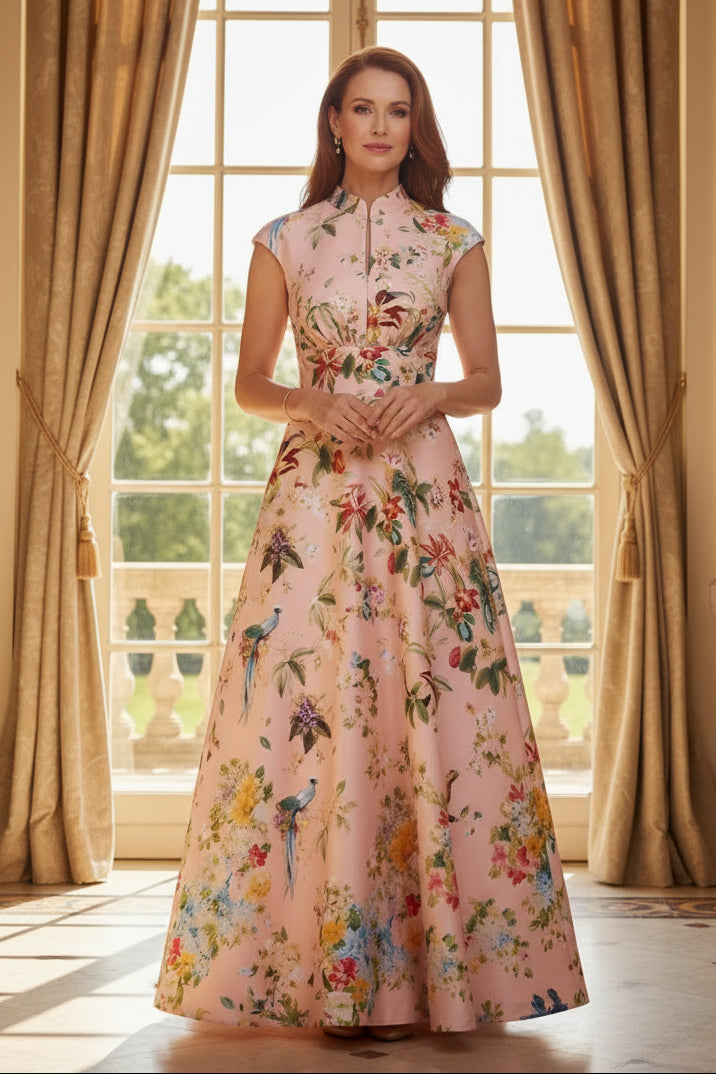 Floral Print Maxi Dress with High Neck and Cap Sleeves