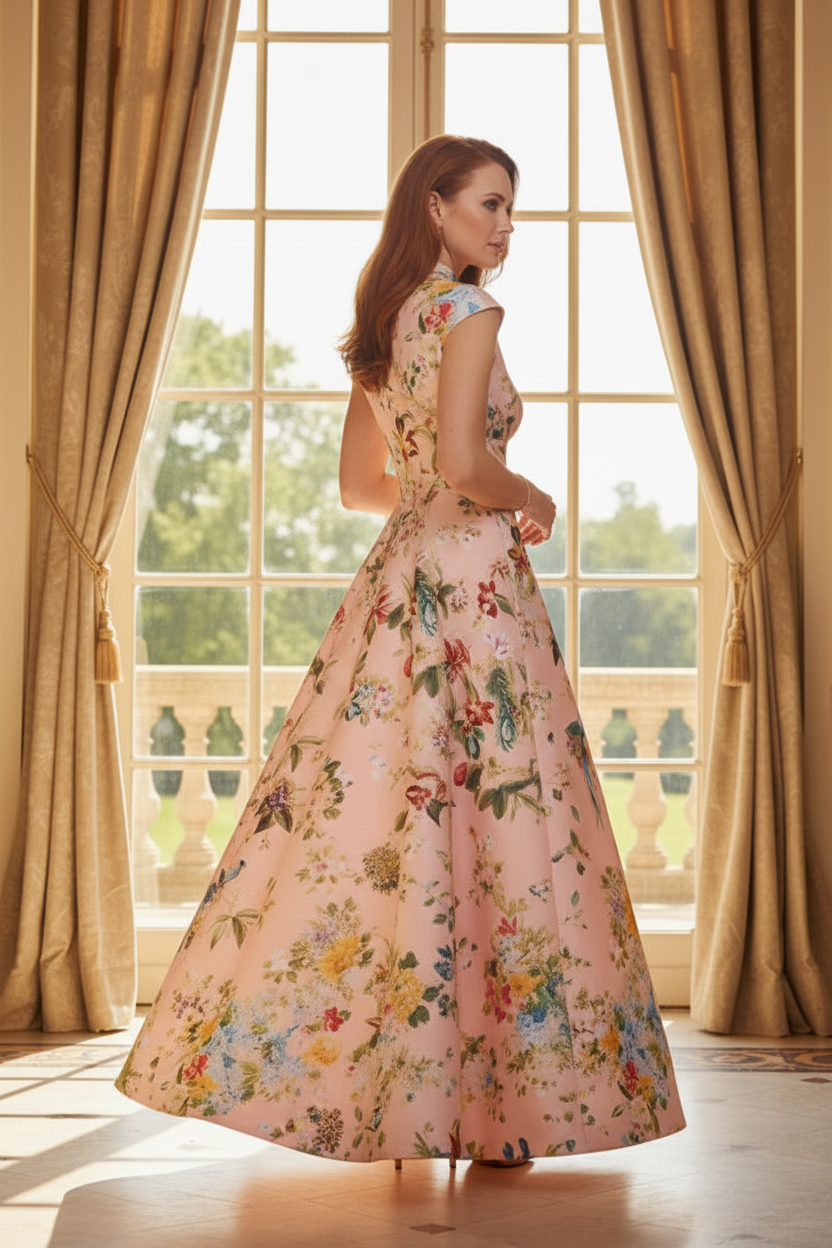 Floral Print Maxi Dress with High Neck and Cap Sleeves