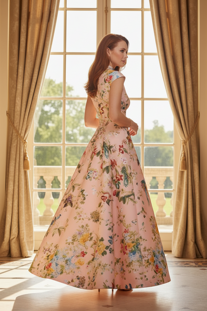 Floral Print Maxi Dress with High Neck and Cap Sleeves