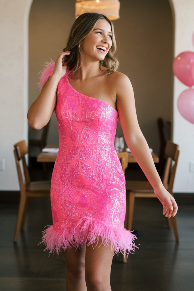 One-Shoulder Sequin Mini Dress with Feather Trim