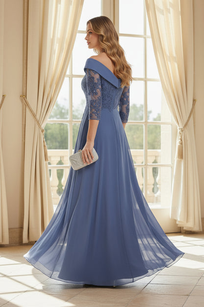 Off-the-Shoulder A-Line Gown with Beaded Lace Sleeves