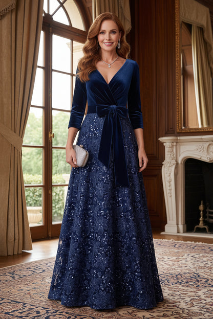 Velvet Bodice Sequin Floral Evening Gown with Bow