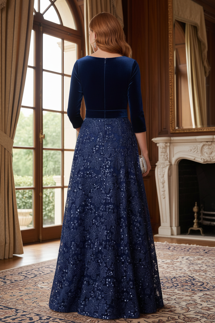 Velvet Bodice Sequin Floral Evening Gown with Bow