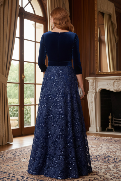 Velvet Bodice Sequin Floral Evening Gown with Bow
