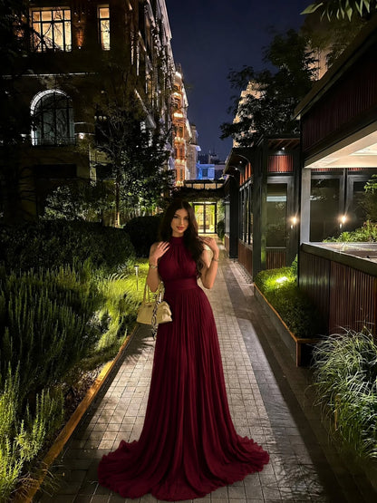 Pleated High Neck Sleeveless Floor-Length Evening Dress
