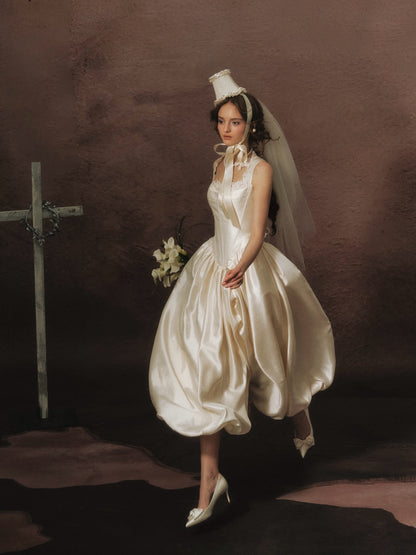 Vintage Corset Bubble Skirt Midi Wedding Dress