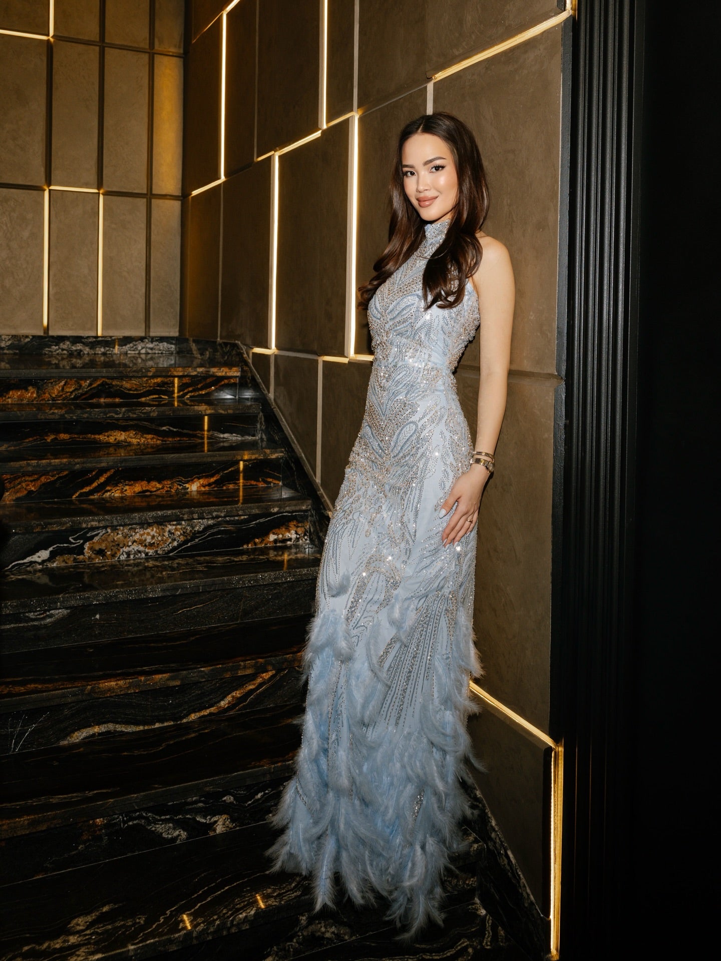 Beaded Halter Mermaid Gown with Feather Hem