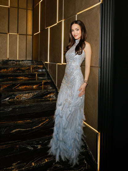 Beaded Halter Mermaid Gown with Feather Hem