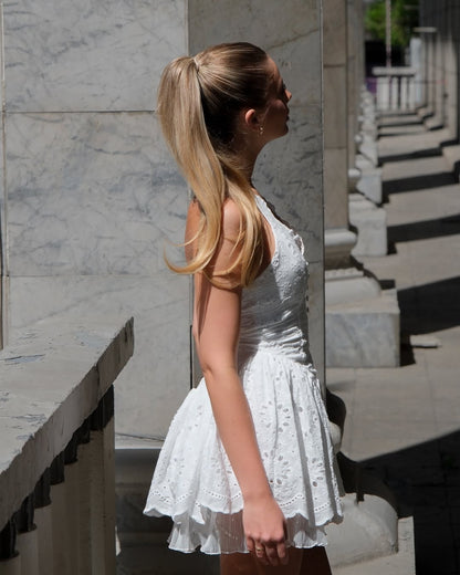 Eyelet Halter Mini Dress with Tiered Ruffle Skirt