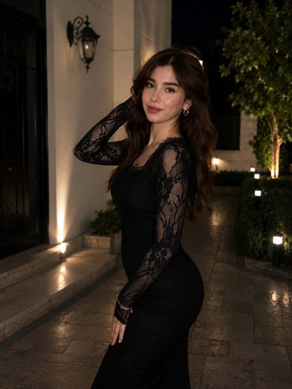 Square Neck Long Sleeve Lace Column Gown