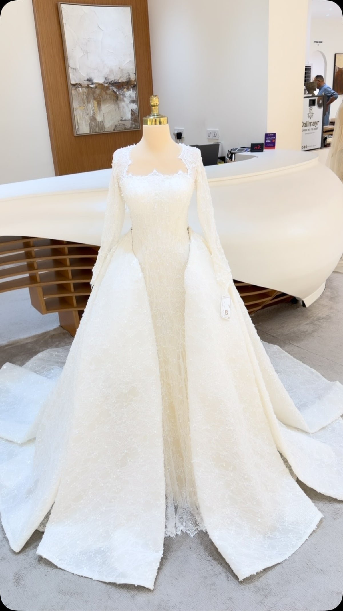 Square Neck Long Sleeve Wedding Dress with Overskirt