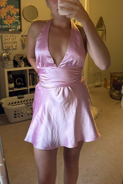 Satin Halter Tie-Back Mini Dress