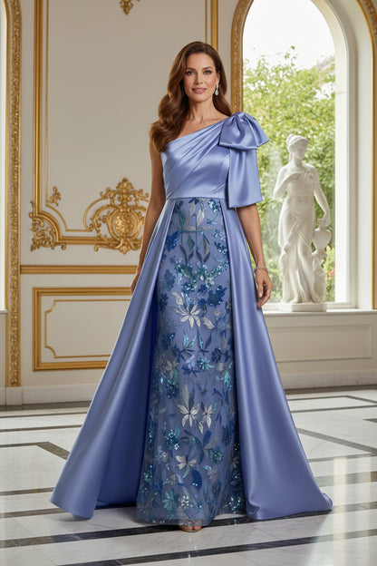 One-Shoulder Floral Embroidered Gown with Overskirt