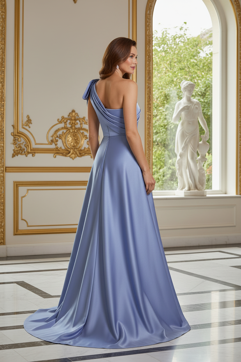 One-Shoulder Floral Embroidered Gown with Overskirt