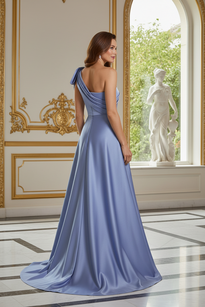 One-Shoulder Floral Embroidered Gown with Overskirt