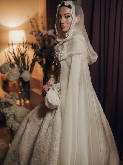 Lace Ball Gown Wedding Dress with Cape & Long Sleeves