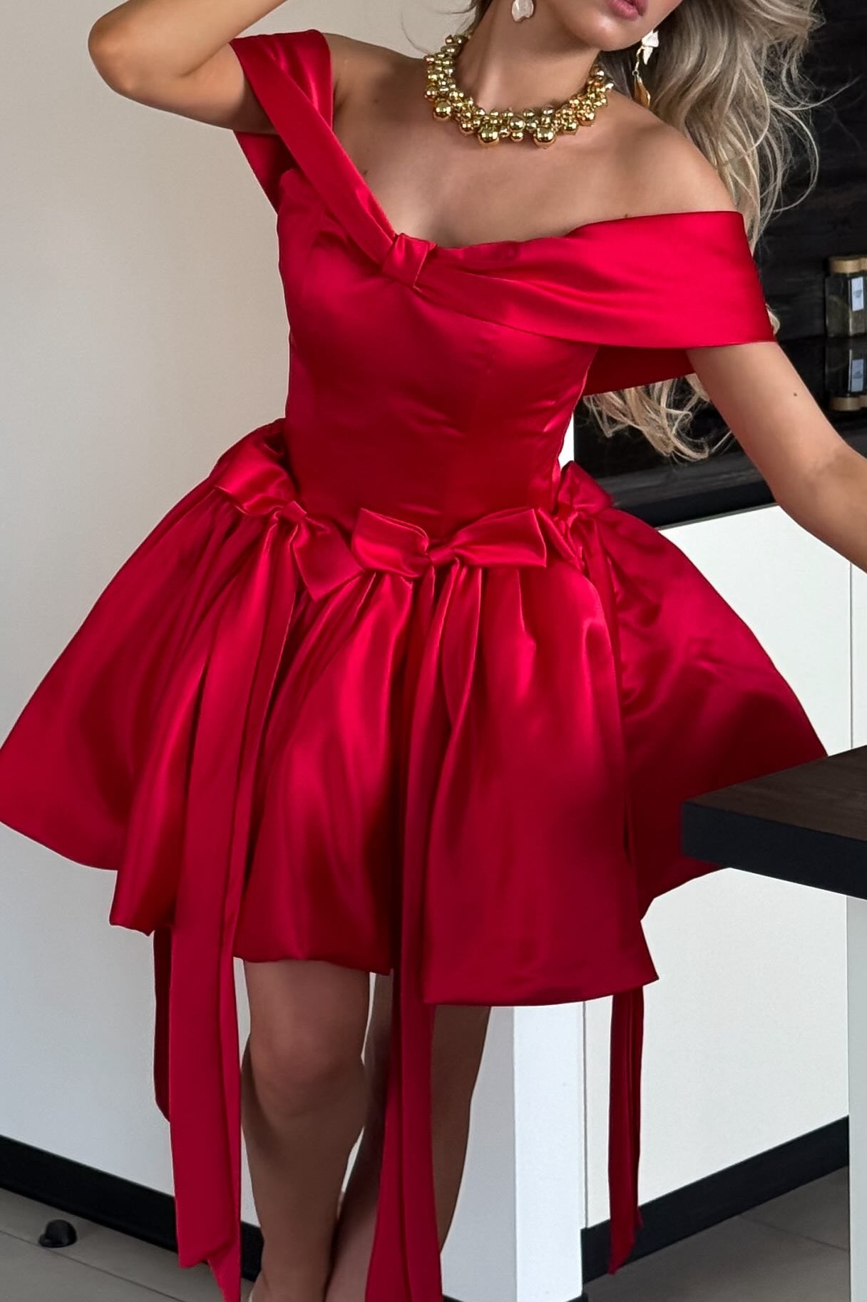 Off-the-Shoulder Bow Bubble Hem Mini Dress