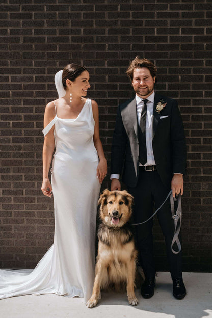 Asymmetrical Cowl Neck Satin Slip Wedding Dress