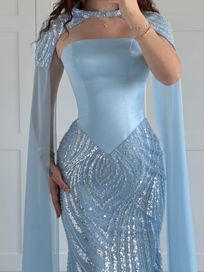 Sequin Mermaid Gown with Chiffon Cape Sleeves