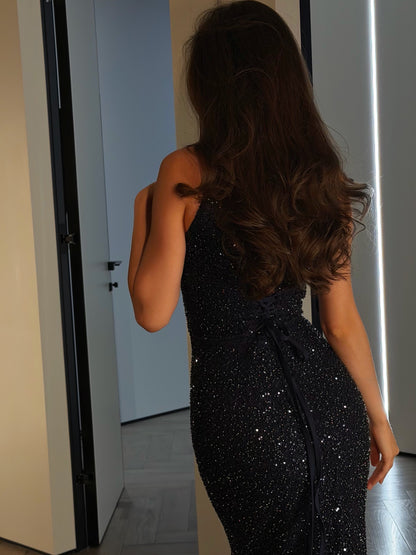 Sequined High Neck Maxi Evening Dress