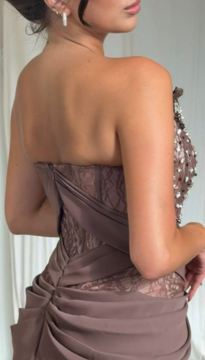 Strapless Beaded Corset Gown with Draped Slit Skirt