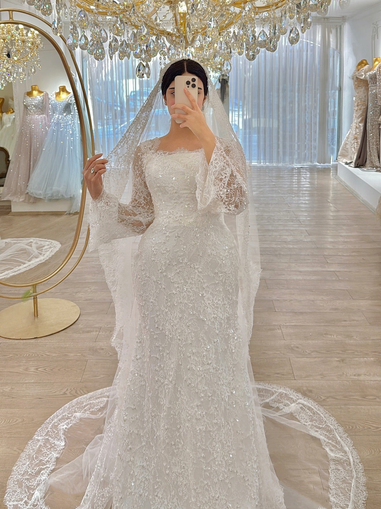 Square Neck Bell Sleeve Lace Trumpet Wedding Dress