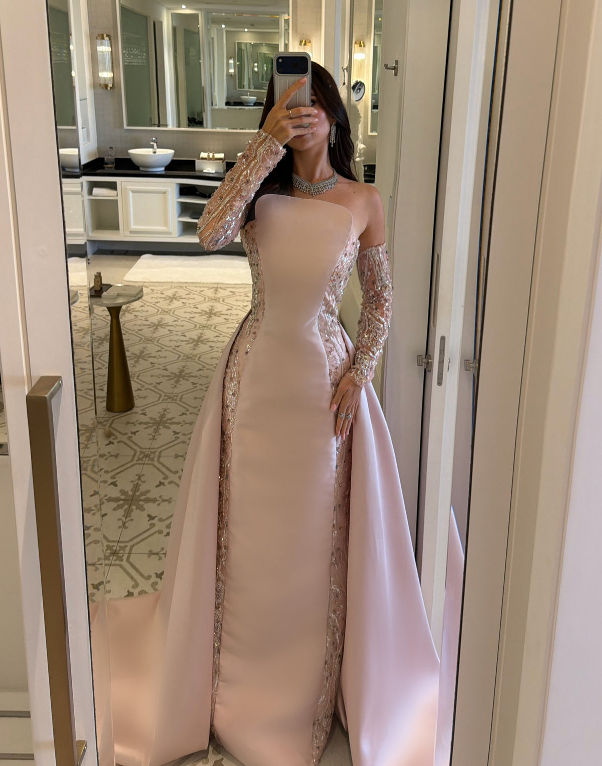 Strapless Column Gown with Beaded Sleeves and Train