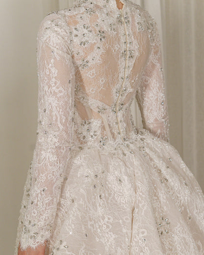 High Neck Long Sleeve Lace Wedding Dress with Overskirt