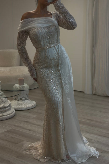 Beaded Asymmetrical Long Sleeve Evening Gown
