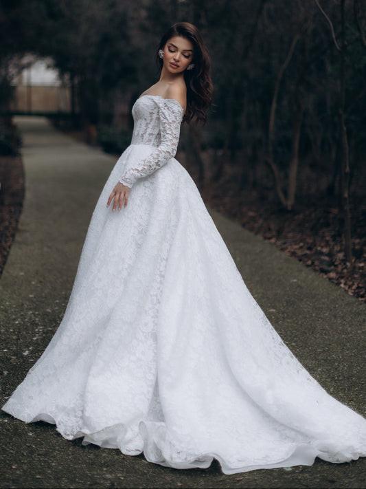 Off-the-Shoulder Lace Ball Gown Wedding Dress