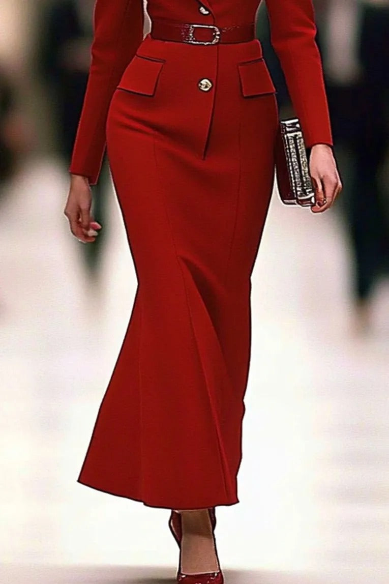 Belted Tailored Blazer and Mermaid Maxi Skirt Suit