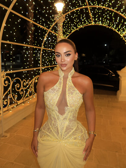 Halter Neck Corset Gown with Draped Skirt