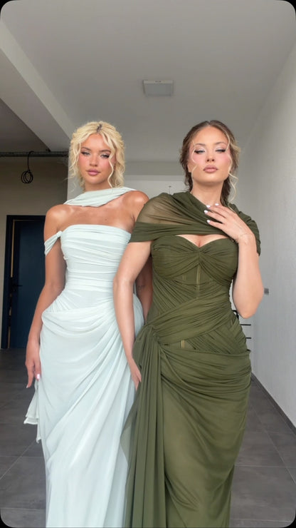 Ruched Corset Evening Gown with Draped Shawl