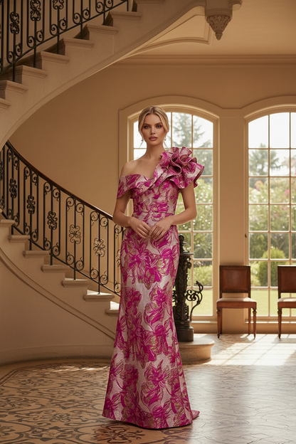 Asymmetrical Ruffle One Shoulder Jacquard Evening Gown