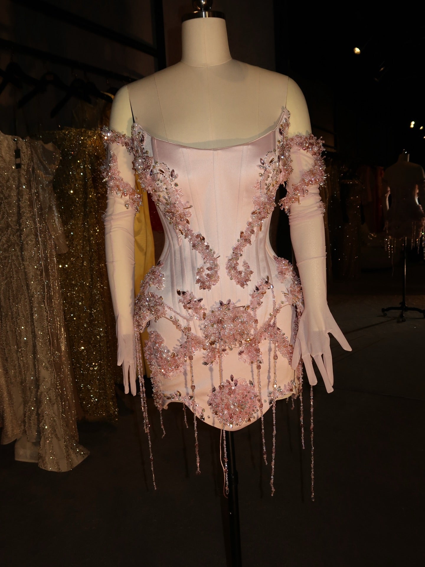 Beaded Corset Mini Dress with Gloves