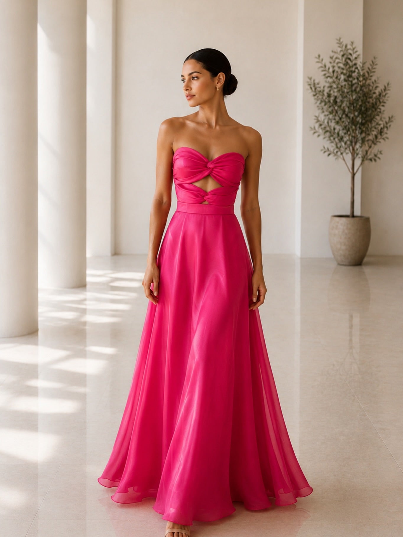 Strapless Twist-Front Cut-Out A-Line Evening Gown
