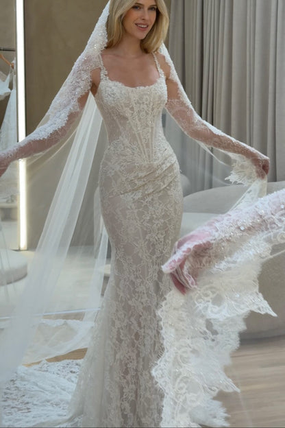 Lace Corset Mermaid Wedding Dress with Sleeves
