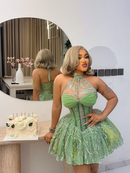 Halter Neck Corset Mini Dress with Voluminous Skirt