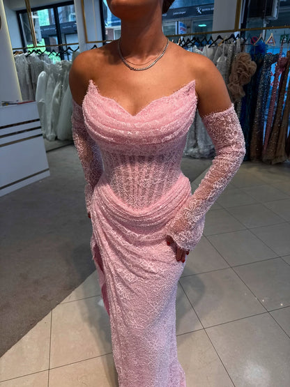 Corset Lace Gown with Cowl Neck & Long Sleeves