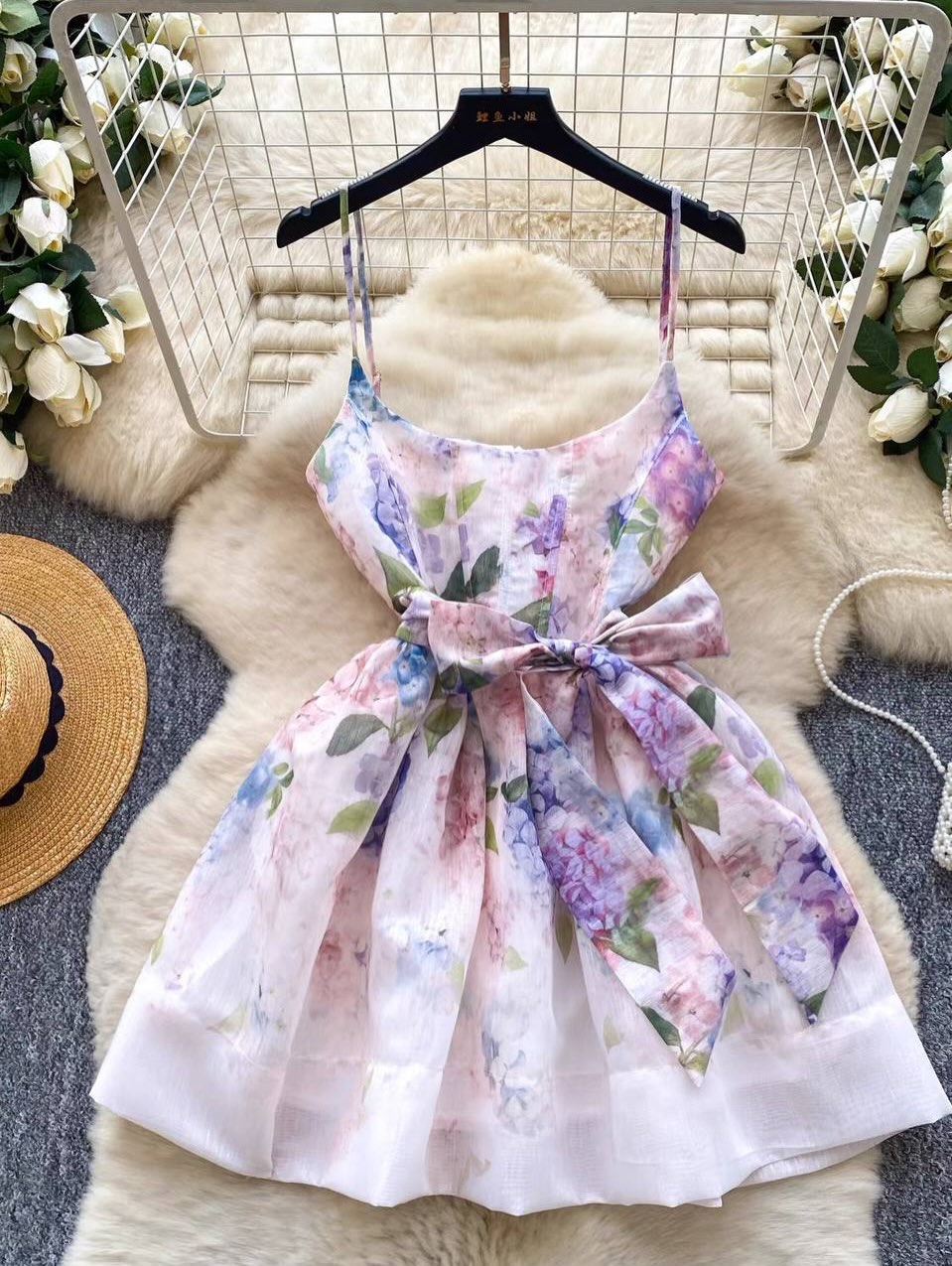 Floral Organza Mini A-Line Dress with Bow Detail