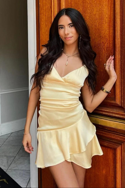 Satin Wrap V-Neck Ruffle Hem Mini Dress