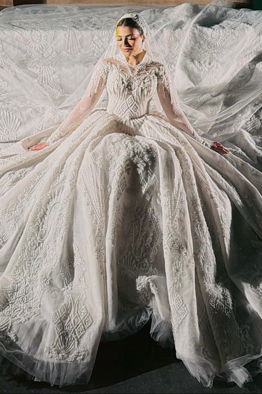 Long Sleeve Illusion Ball Gown Wedding Dress