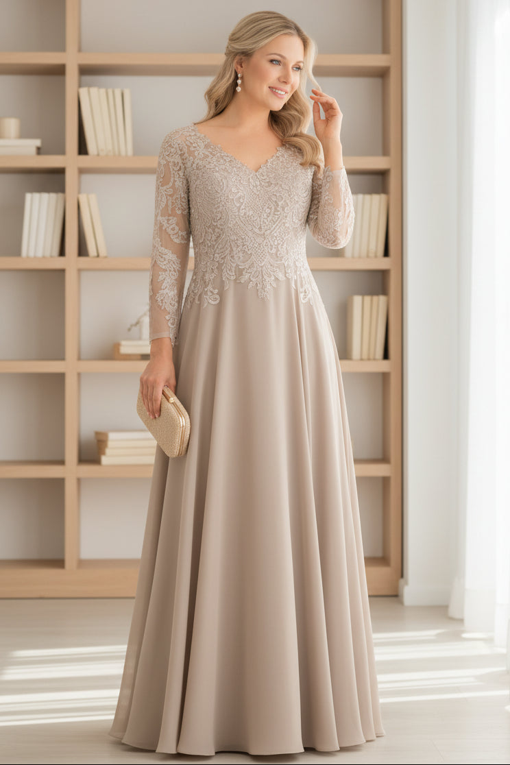 Elegant Champagne Lace Bodice Chiffon A-Line Mother of the Bride Dress with Long Illusion Sleeves