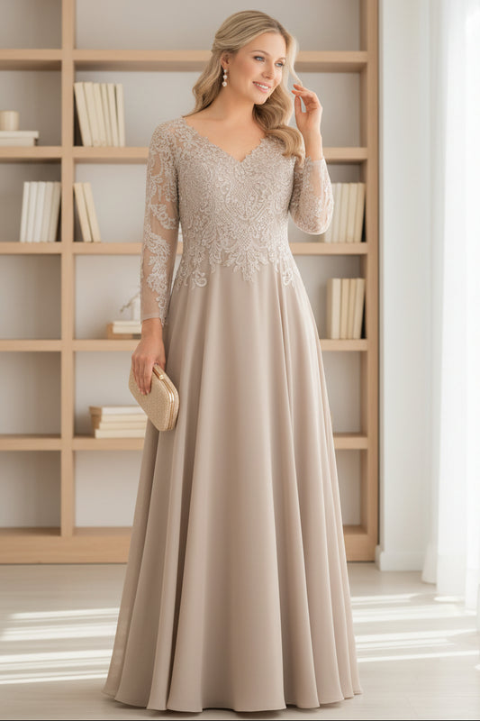 Elegant Champagne Lace Bodice Chiffon A-Line Mother of the Bride Dress with Long Illusion Sleeves