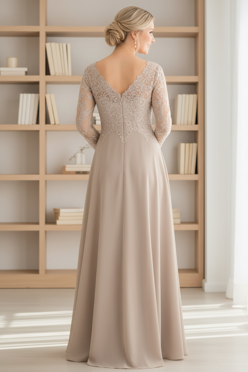 Elegant Champagne Lace Bodice Chiffon A-Line Mother of the Bride Dress with Long Illusion Sleeves
